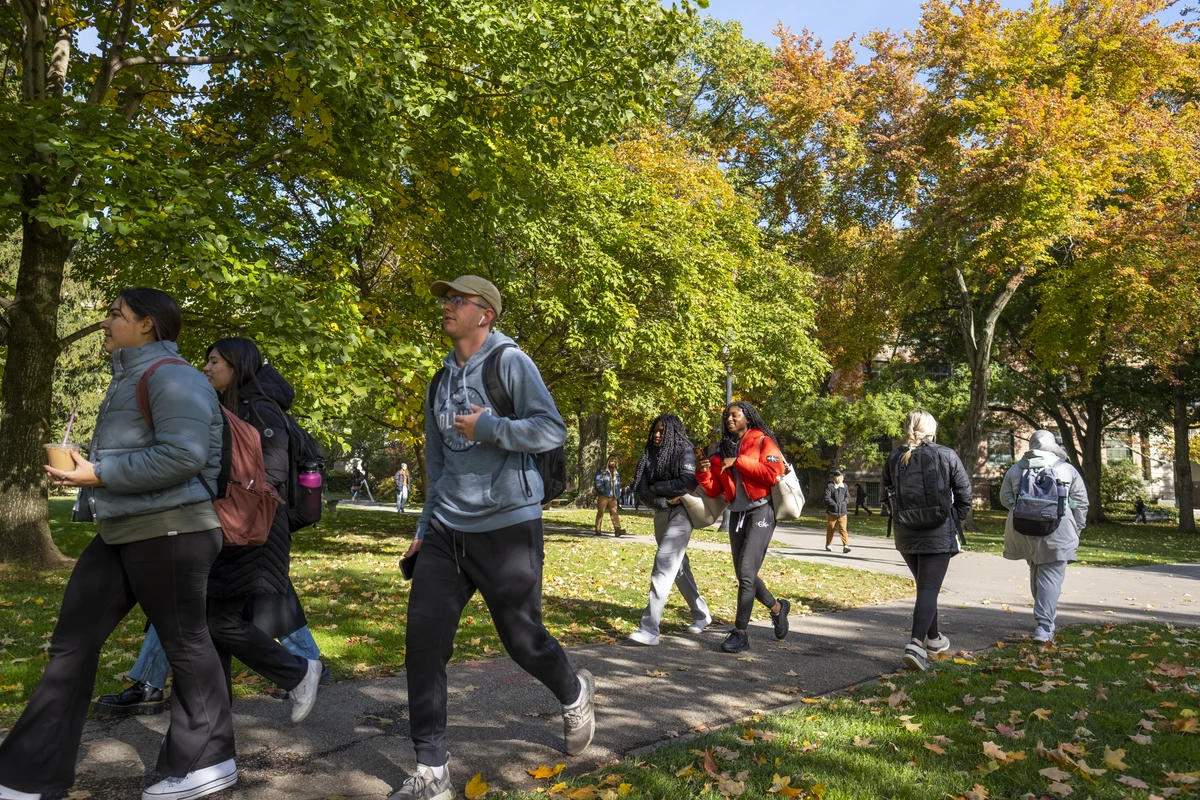 Campus scenes with students walking along a path during a fall morning
